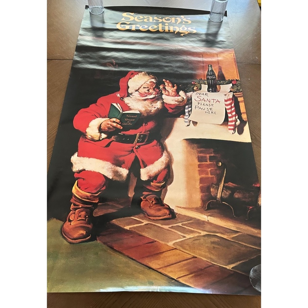Coca-Cola Santa Season's Greetings Soda Theme Holiday Poster Advertising 50 x 27